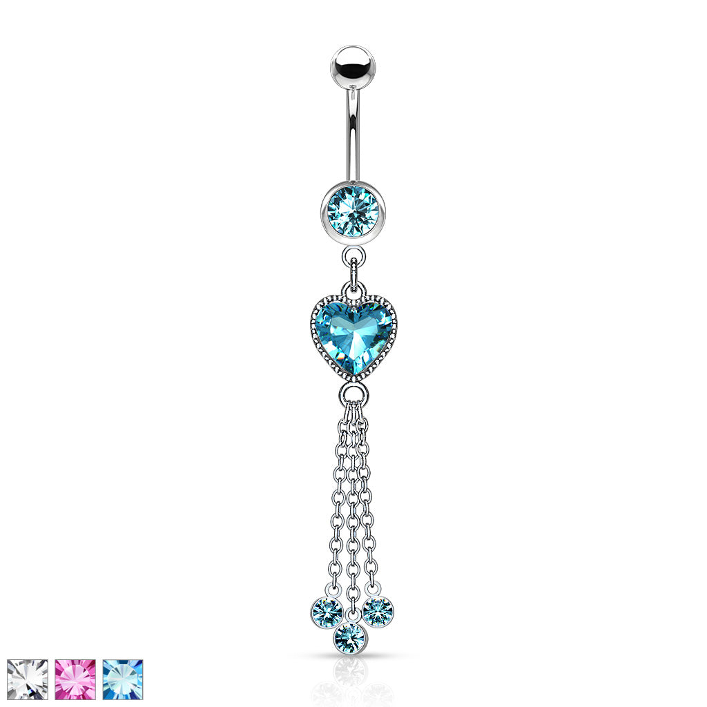 316L Surgical Steel Heart CZ and Chains With CZ Dangle Belly Button Ring - all colors