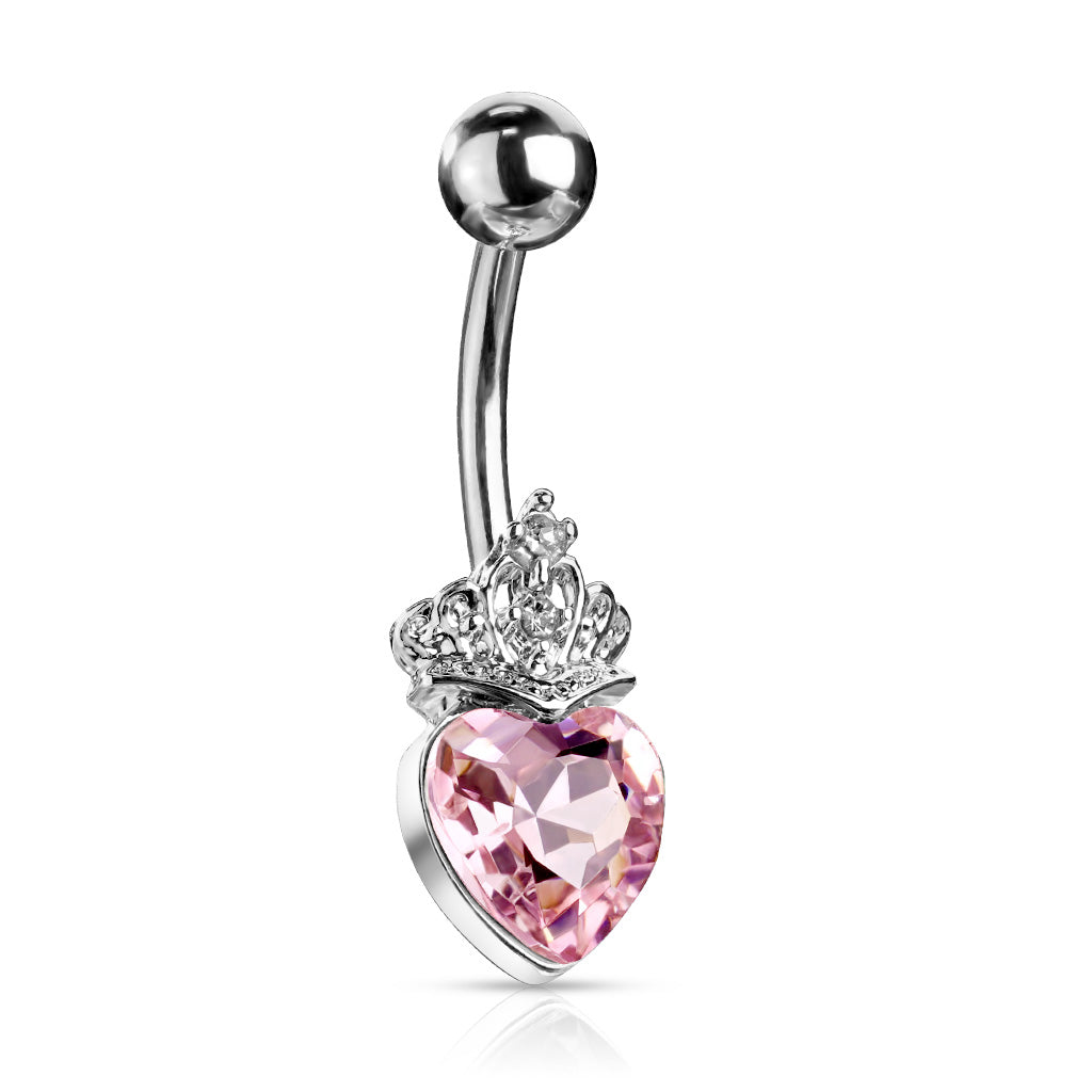 316L Surgical Steel Heart Crystal and Crystal Set Tiara Belly Button Ring - Pink