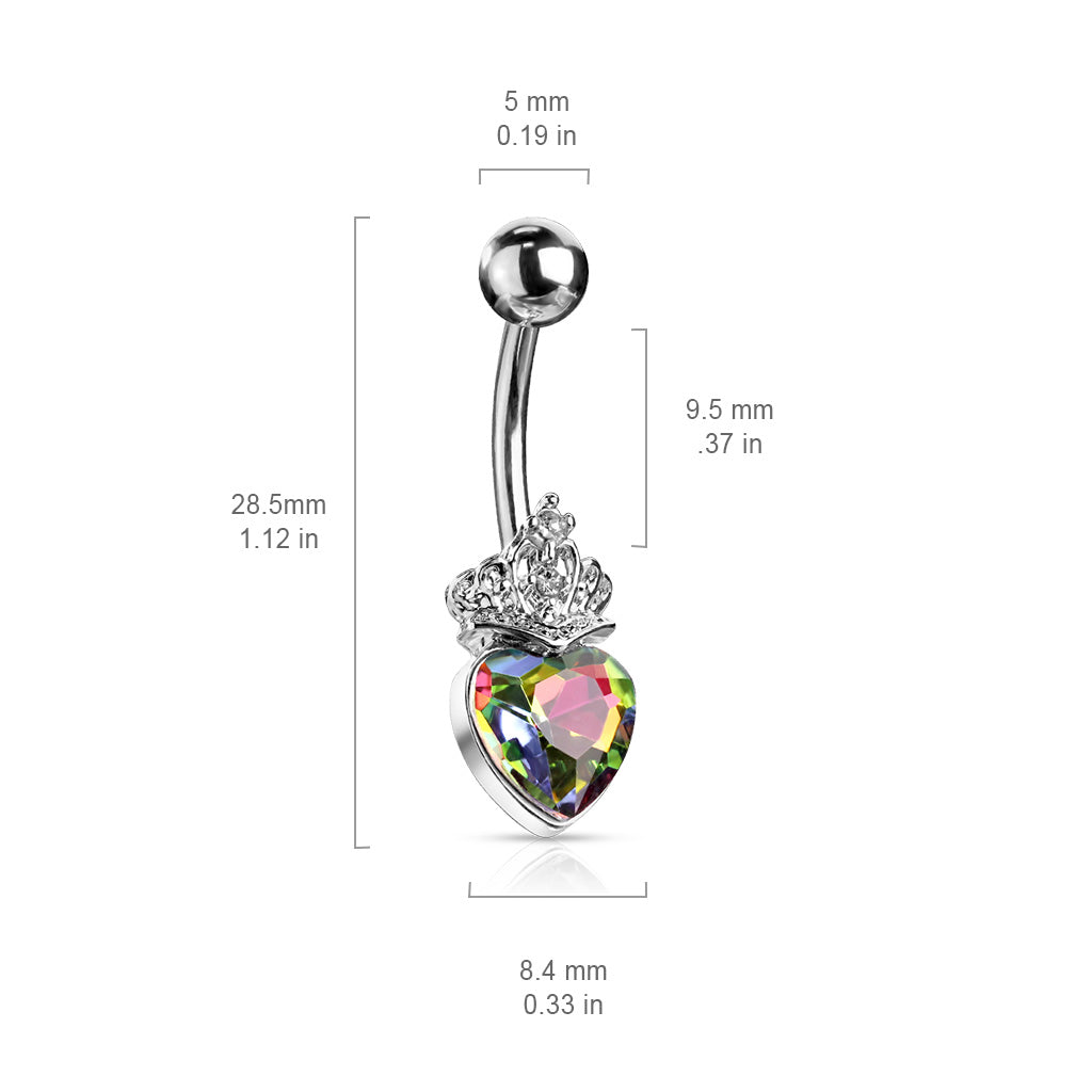 316L Surgical Steel Heart Crystal and Crystal Set Tiara Belly Button Ring size chart