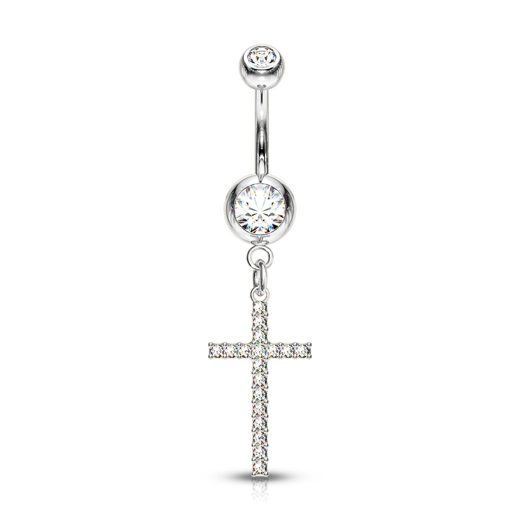 316L Surgical Steel Crystal Paved Cross Dangle Double Jeweled Belly Button Ring - Clear