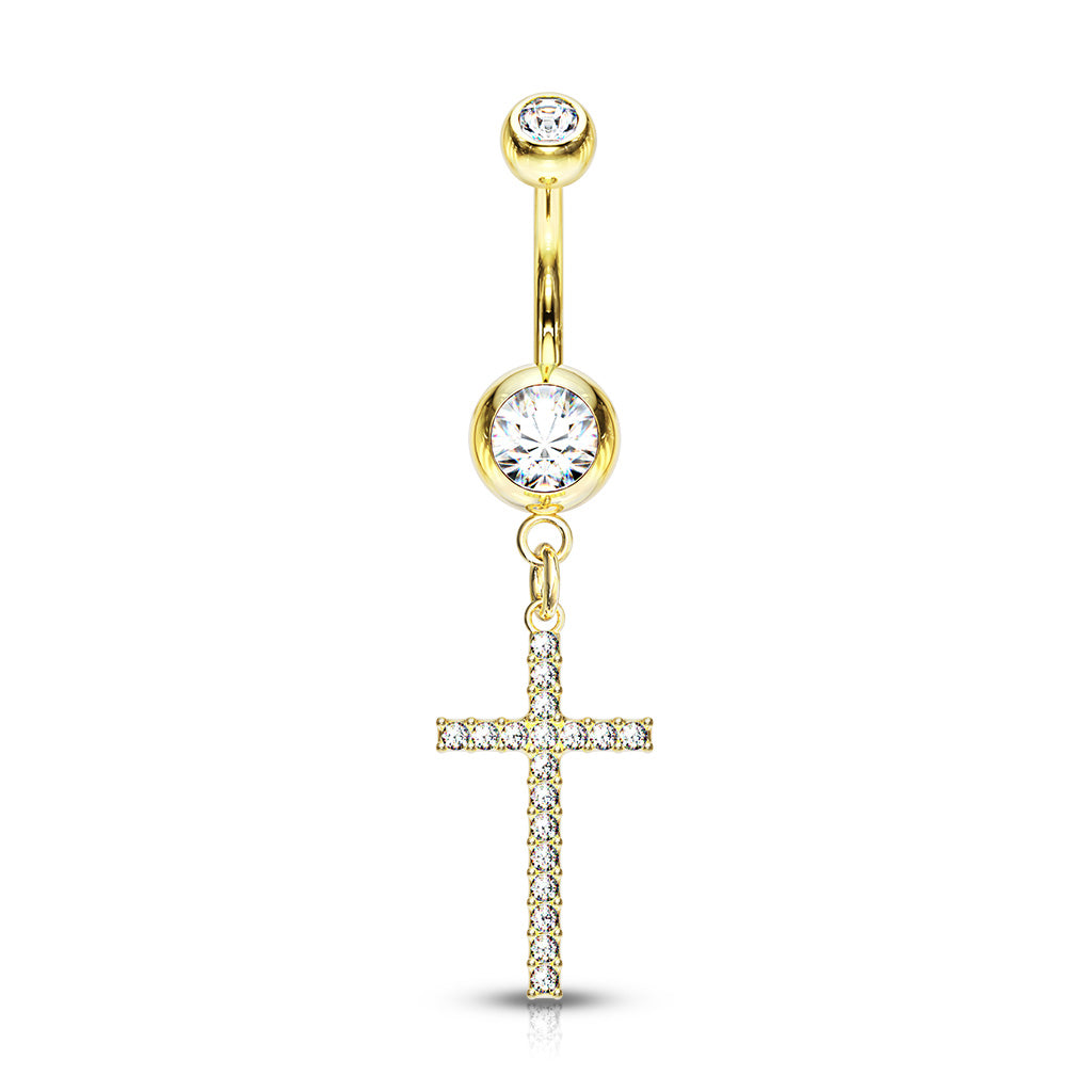 316L Surgical Steel Crystal Paved Cross Dangle Double Jeweled Belly Button Ring - Gold/Clear