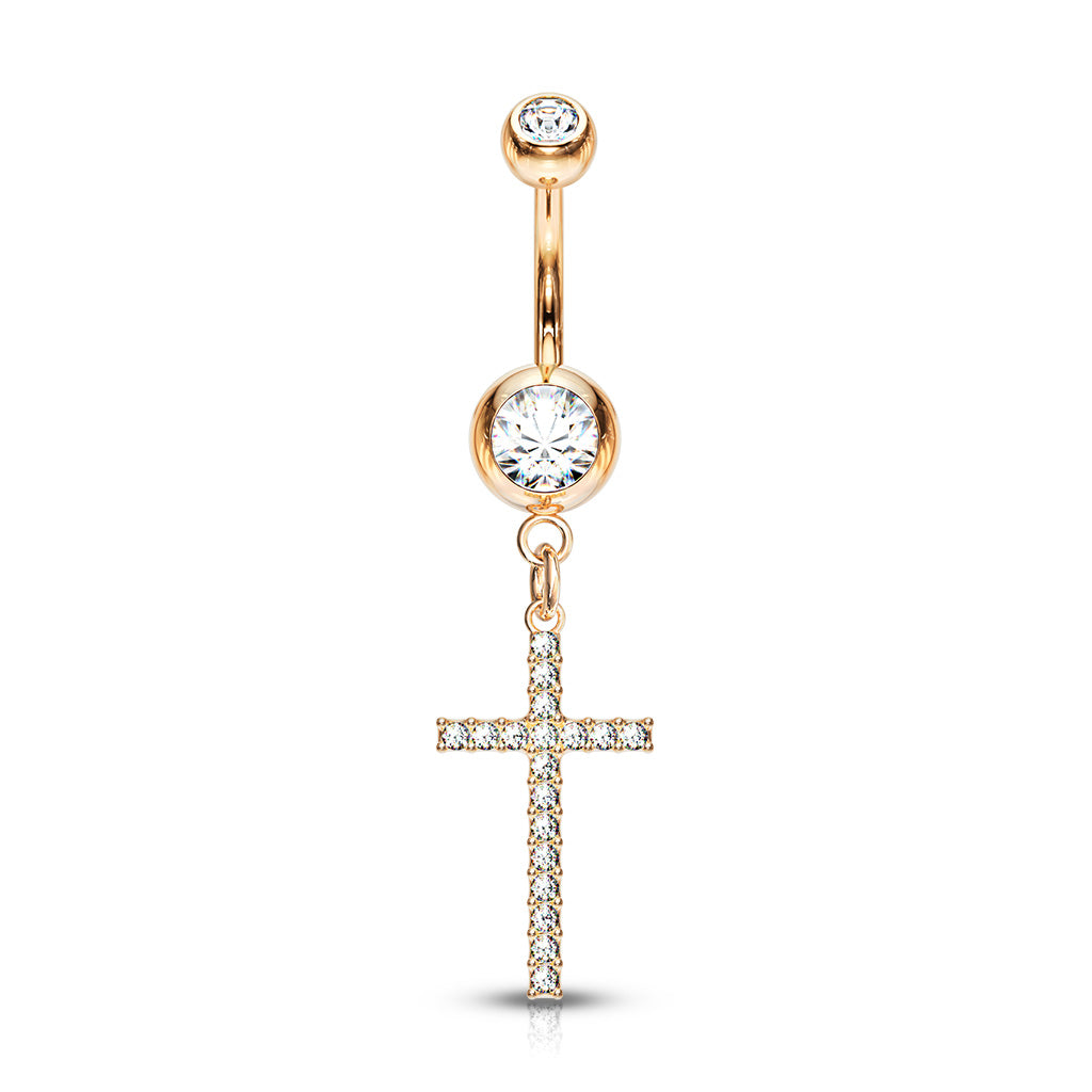 316L Surgical Steel Crystal Paved Cross Dangle Double Jeweled Belly Button Ring - Rose Gold/Clear