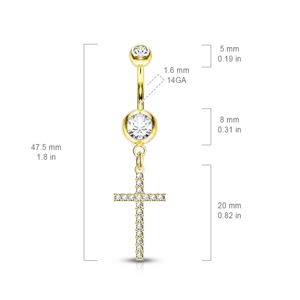 316L Surgical Steel Crystal Paved Cross Dangle Double Jeweled Belly Button Ring size chart