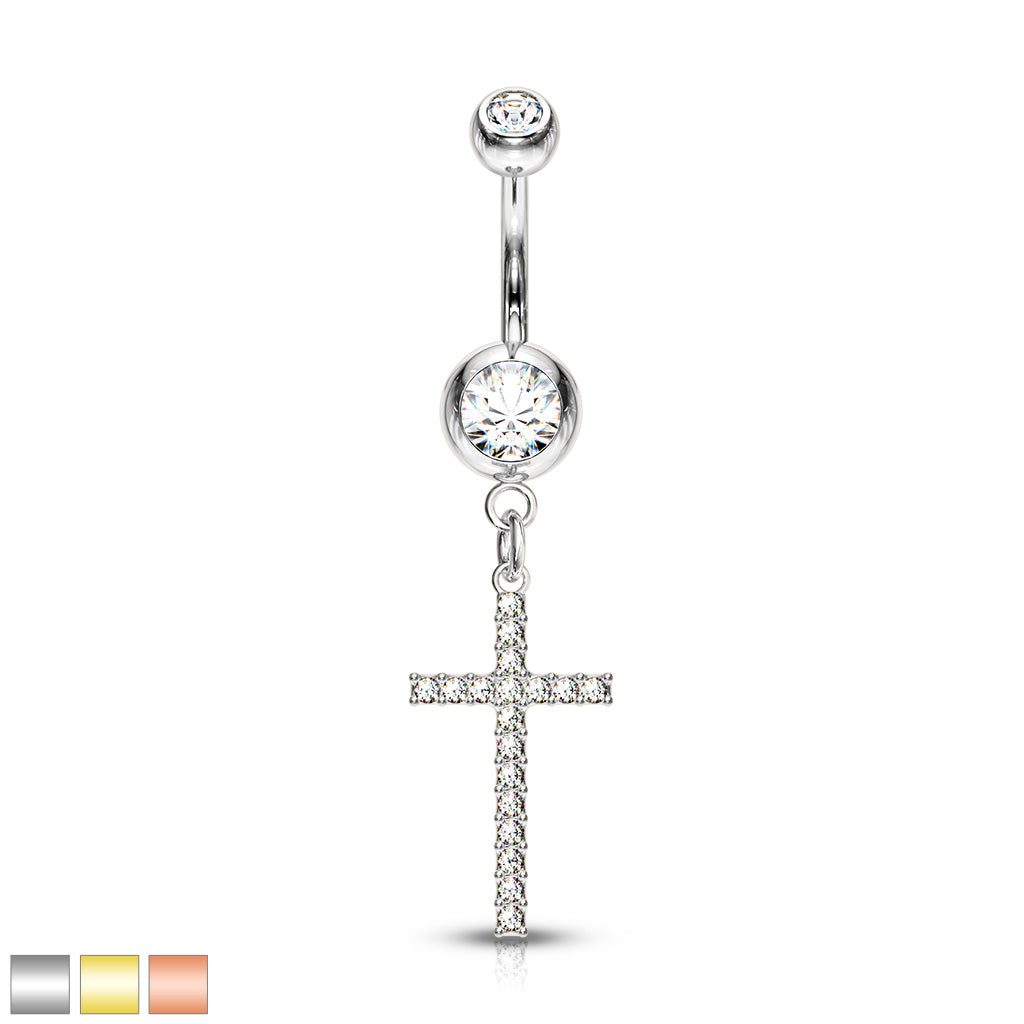 316L Surgical Steel Crystal Paved Cross Dangle Double Jeweled Belly Button Ring - all colors