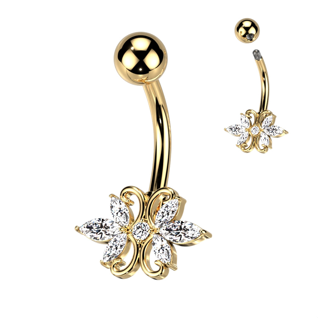 316L Surgical Steel Double Heart 3 Marquise CZ Belly Button Ring - Gold/Clear