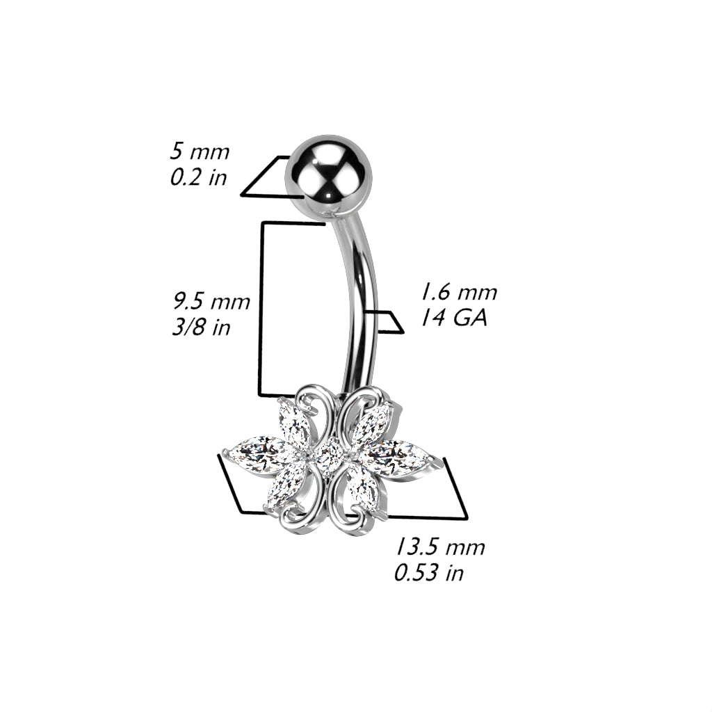 316L Surgical Steel Double Heart 3 Marquise CZ Belly Button Ring size chart
