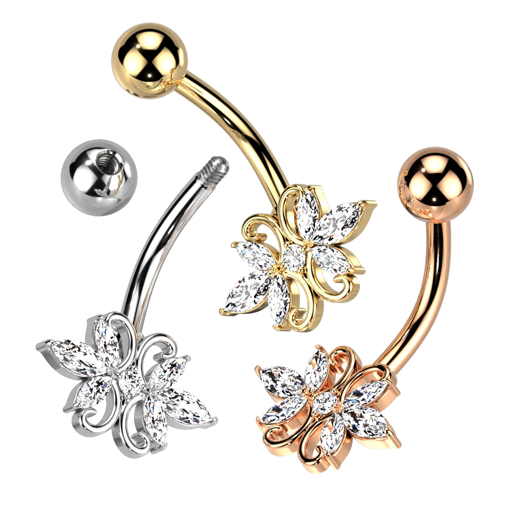 316L Surgical Steel Double Heart 3 Marquise CZ Belly Button Ring - all colors
