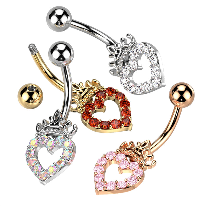 316L Surgical Steel CZ Paved Hollow Heart And Crown Belly Button Ring