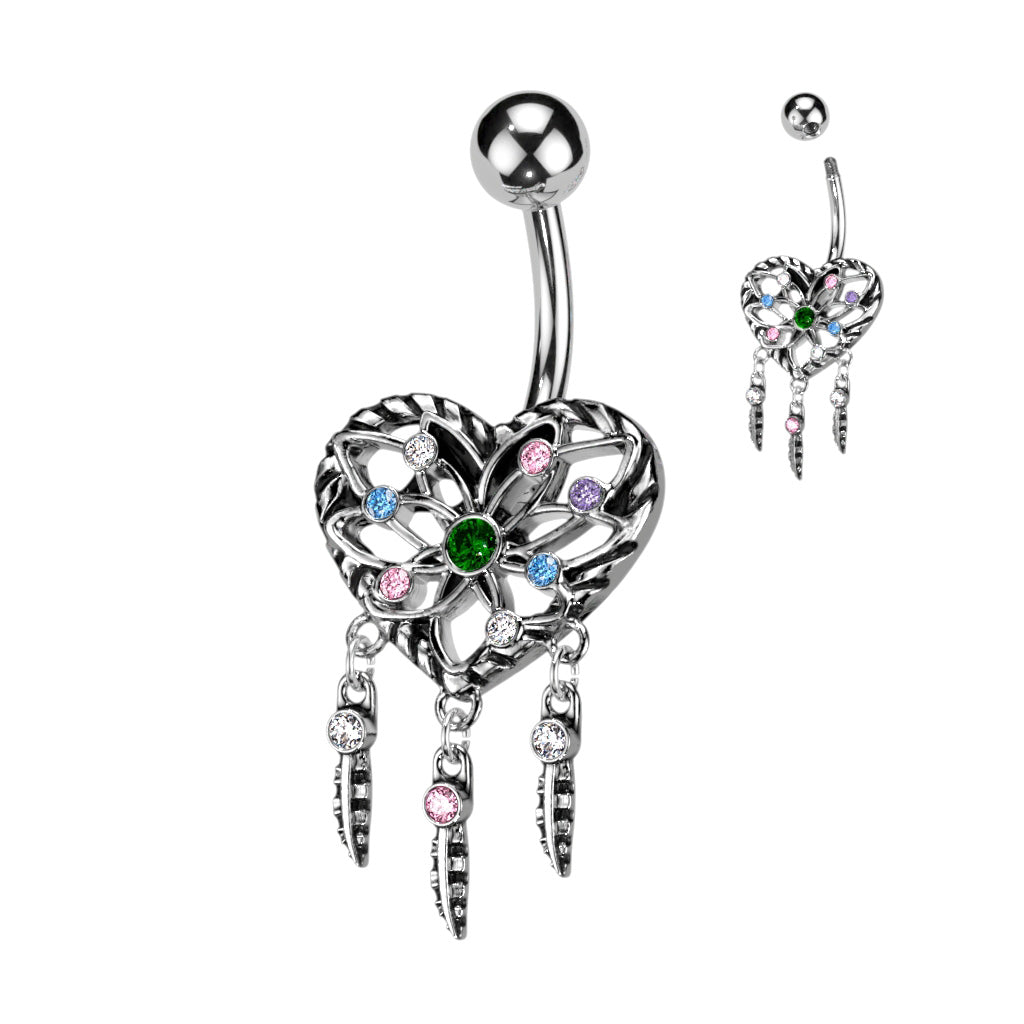 316L Surgical Steel Heart Dream Catcher With Multi Color CZ Belly Button Ring - Steel