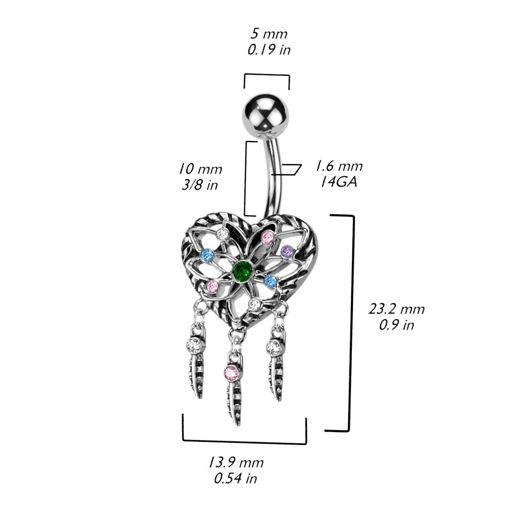 316L Surgical Steel Heart Dream Catcher With Multi Color CZ Belly Button Ring size chart