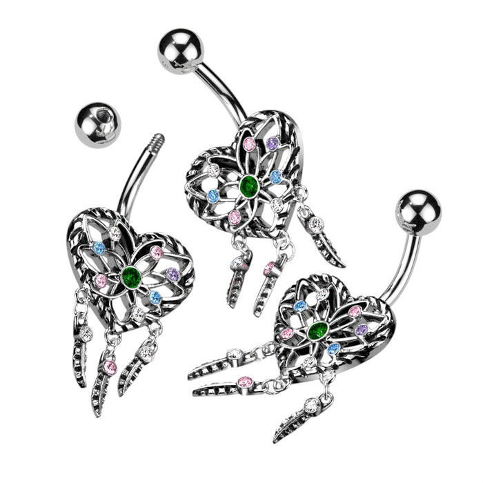 316L Surgical Steel Heart Dream Catcher With Multi Color CZ Belly Button Ring