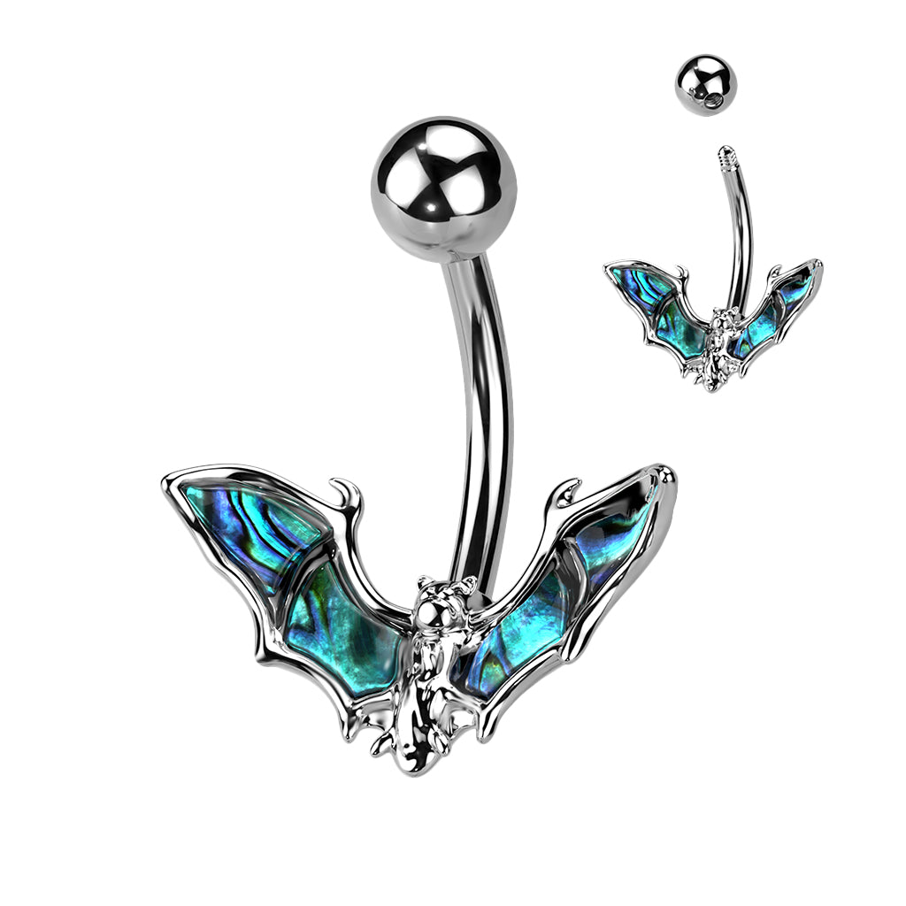 316L Surgical Steel Bat With Abalone Shell Wings Belly Button Ring - Steel