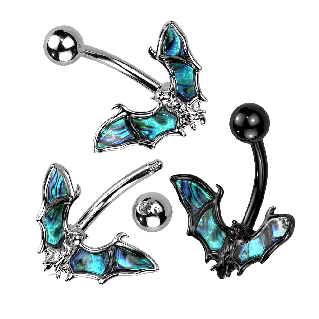 316L Surgical Steel Bat With Abalone Shell Wings Belly Button Ring - all colors