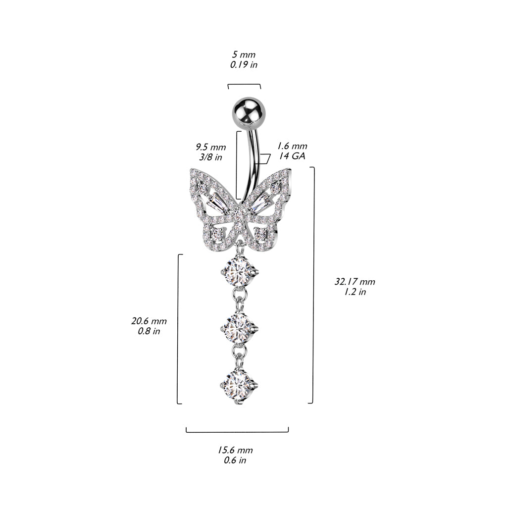 316L Surgical Steel CZ Butterfly With 3 Round CZ Dangle Belly Button Ring size chart