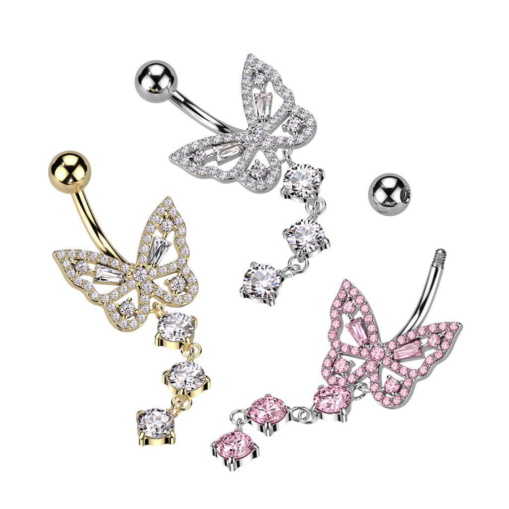 316L Surgical Steel CZ Butterfly With 3 Round CZ Dangle Belly Button Ring - all colors