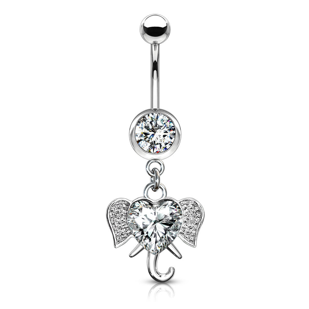 316L Surgical Steel Heart CZ Set Elephant Dangle Belly Button Ring - Clear