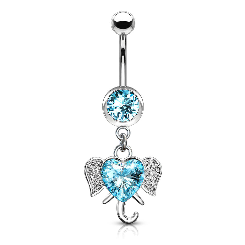316L Surgical Steel Heart CZ Set Elephant Dangle Belly Button Ring - Aqua