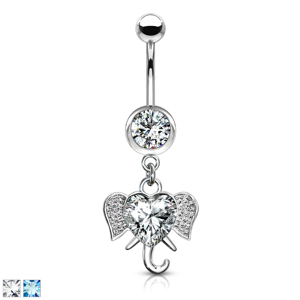 316L Surgical Steel Heart CZ Set Elephant Dangle Belly Button Ring - all colors
