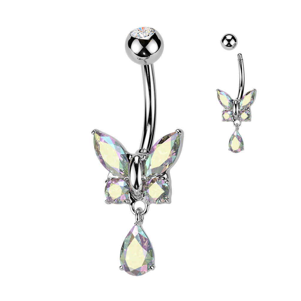 316L Surgical Steel CZ Butterfly With Teardrop CZ Dangle Belly Button Ring - Aurora Borealis