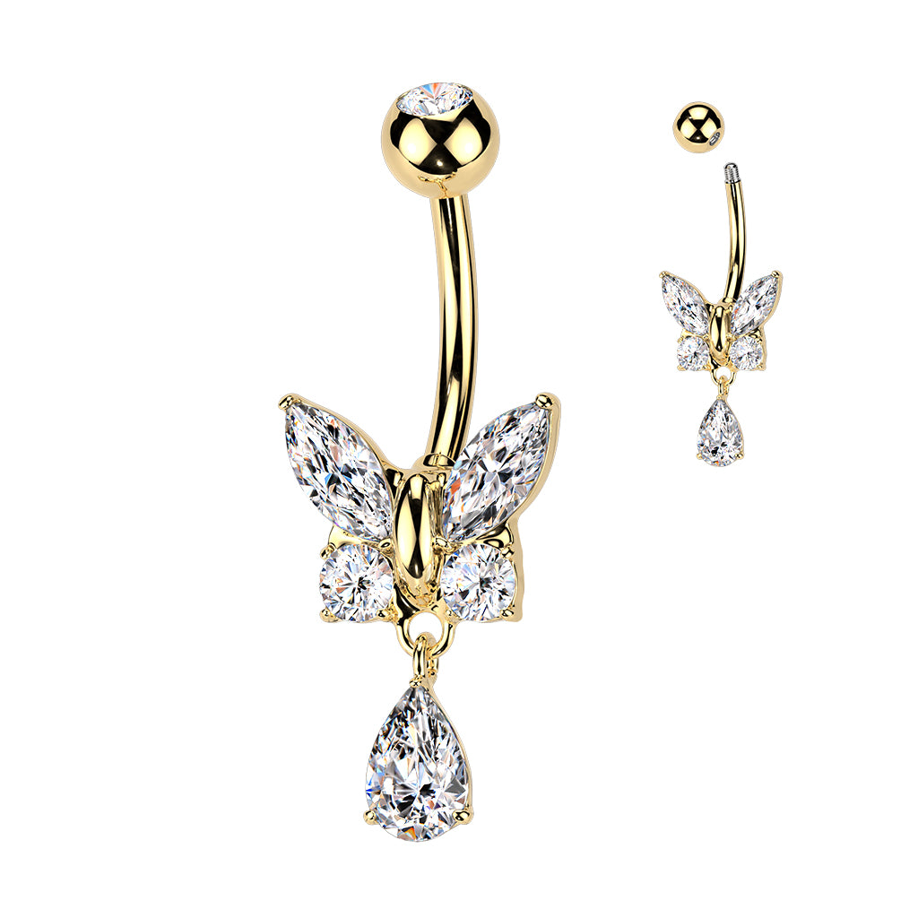 316L Surgical Steel CZ Butterfly With Teardrop CZ Dangle Belly Button Ring - Gold/Clear