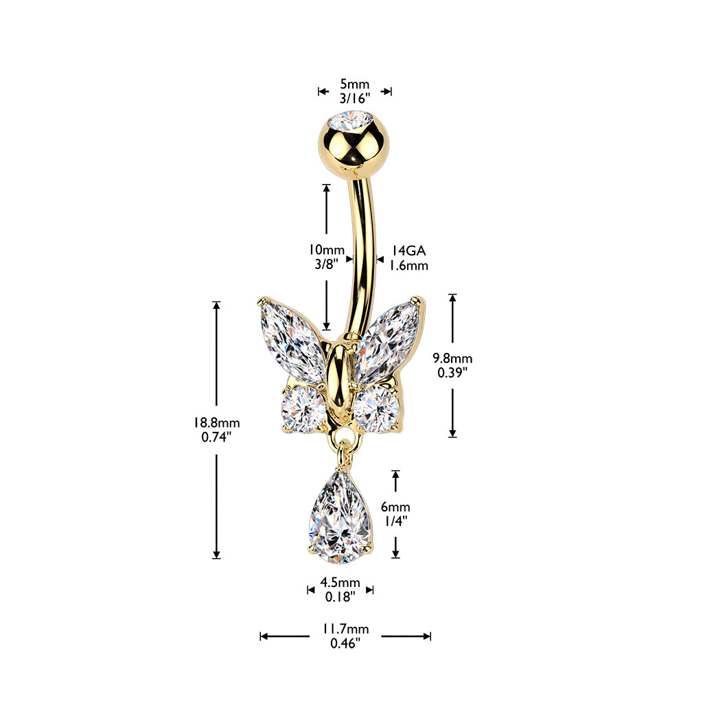 316L Surgical Steel CZ Butterfly With Teardrop CZ Dangle Belly Button Ring size chart