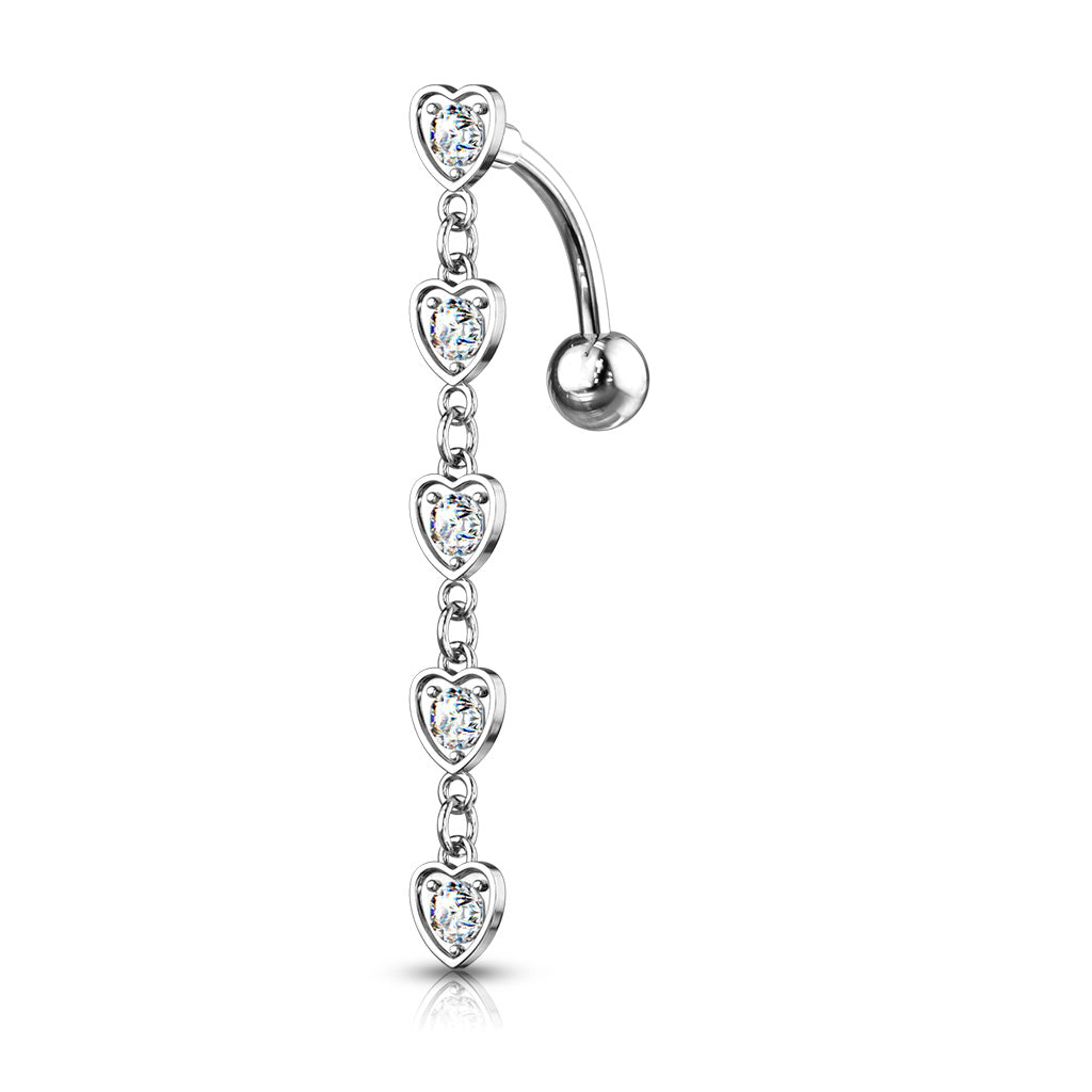 316L Surgical Steel 5 Crystal Set Center Hearts Dangle Top Drop Belly Button Ring - Clear