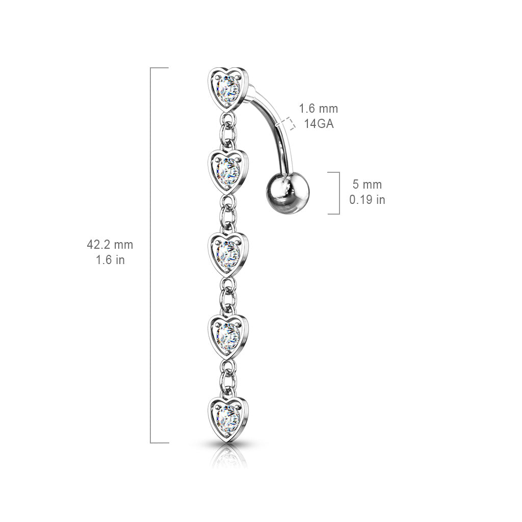 316L Surgical Steel 5 Crystal Set Center Hearts Dangle Top Drop Belly Button Ring size chart