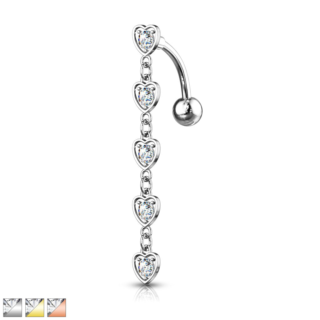 316L Surgical Steel 5 Crystal Set Center Hearts Dangle Top Drop Belly Button Ring - all colors