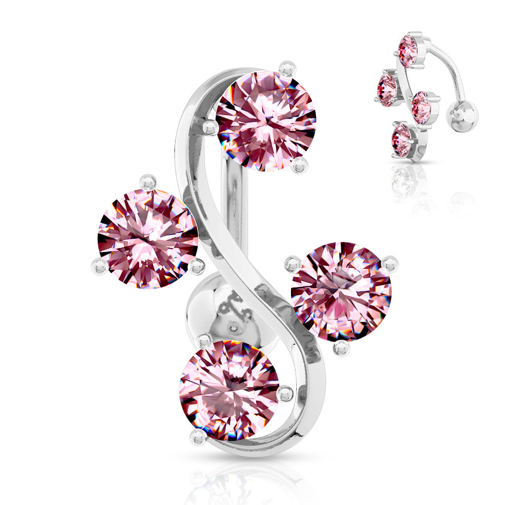 316L Surgical Steel 4-Gem Vine Belly Button Ring - Pink