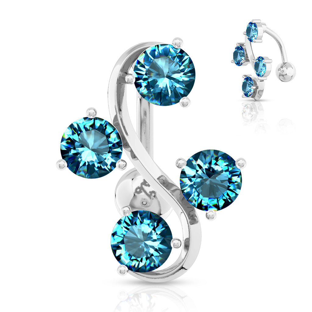 316L Surgical Steel 4-Gem Vine Belly Button Ring - Aqua
