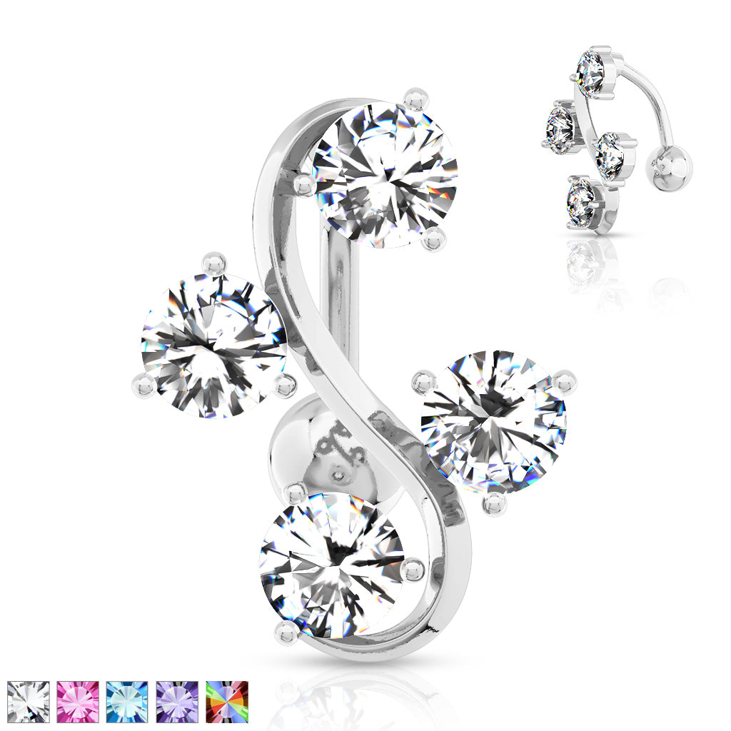 316L Surgical Steel 4-Gem Vine Belly Button Ring - all colors