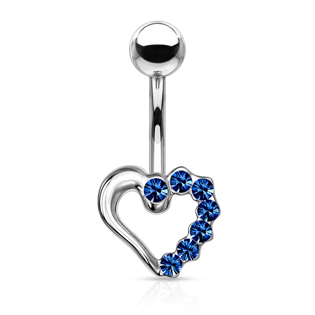 Half CZ Paved Hollow Heart 316L Surgical Steel Navel Ring - Blue