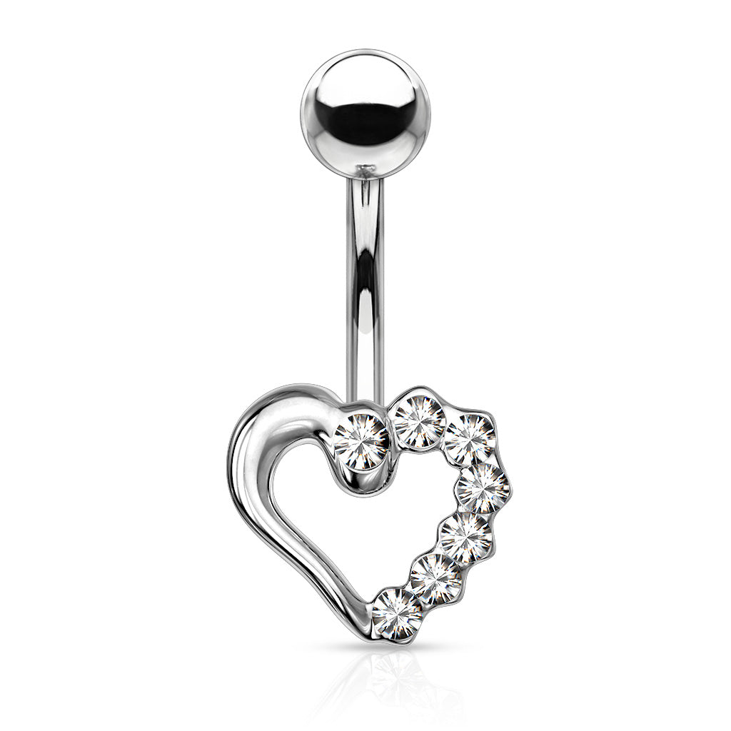 Half CZ Paved Hollow Heart 316L Surgical Steel Navel Ring - Clear
