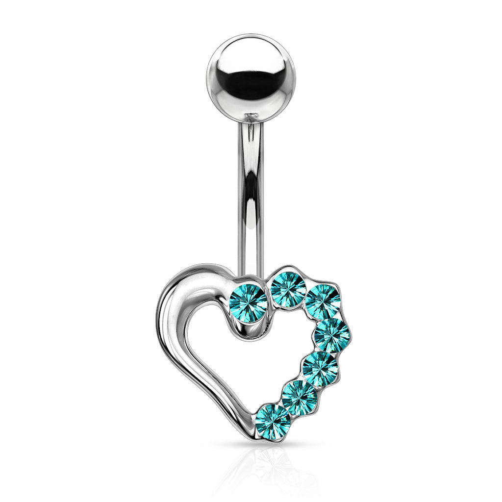 Half CZ Paved Hollow Heart 316L Surgical Steel Navel Ring - Aqua