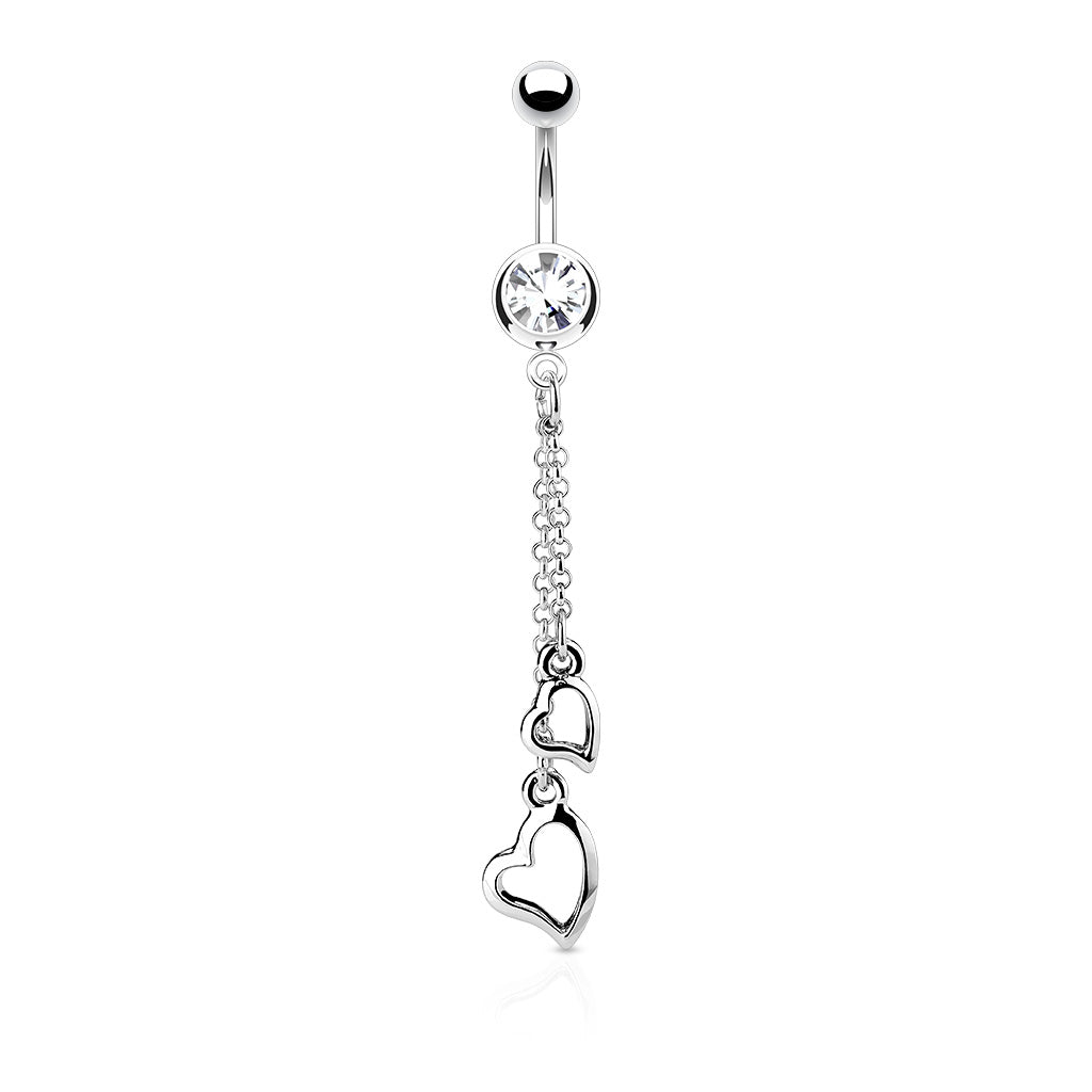 316L Surgical Steel Two Heart Chain Dangle Belly Button Ring - Clear