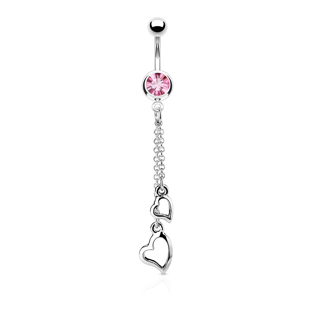 316L Surgical Steel Two Heart Chain Dangle Belly Button Ring - Pink