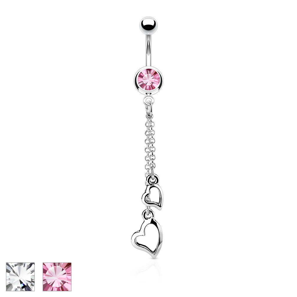 316L Surgical Steel Two Heart Chain Dangle Belly Button Ring - all colors