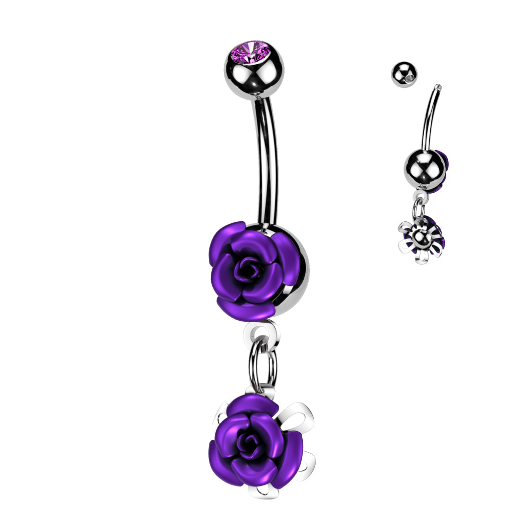 316L Surgical Steel Double Metal Rose Gem Ball Belly Button Ring - Purple