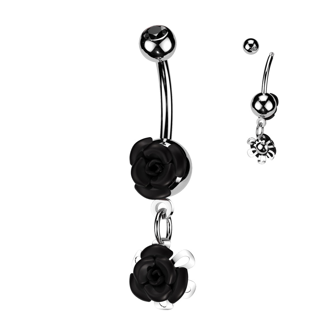 316L Surgical Steel Double Metal Rose Gem Ball Belly Button Ring - Black