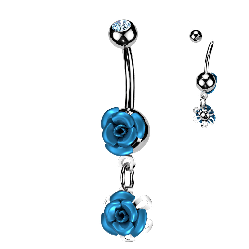 316L Surgical Steel Double Metal Rose Gem Ball Belly Button Ring - Aqua