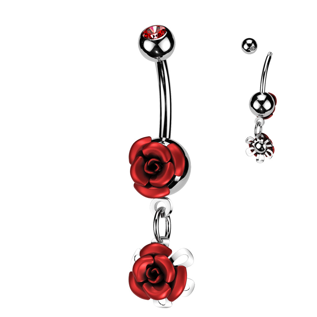 316L Surgical Steel Double Metal Rose Gem Ball Belly Button Ring - Red