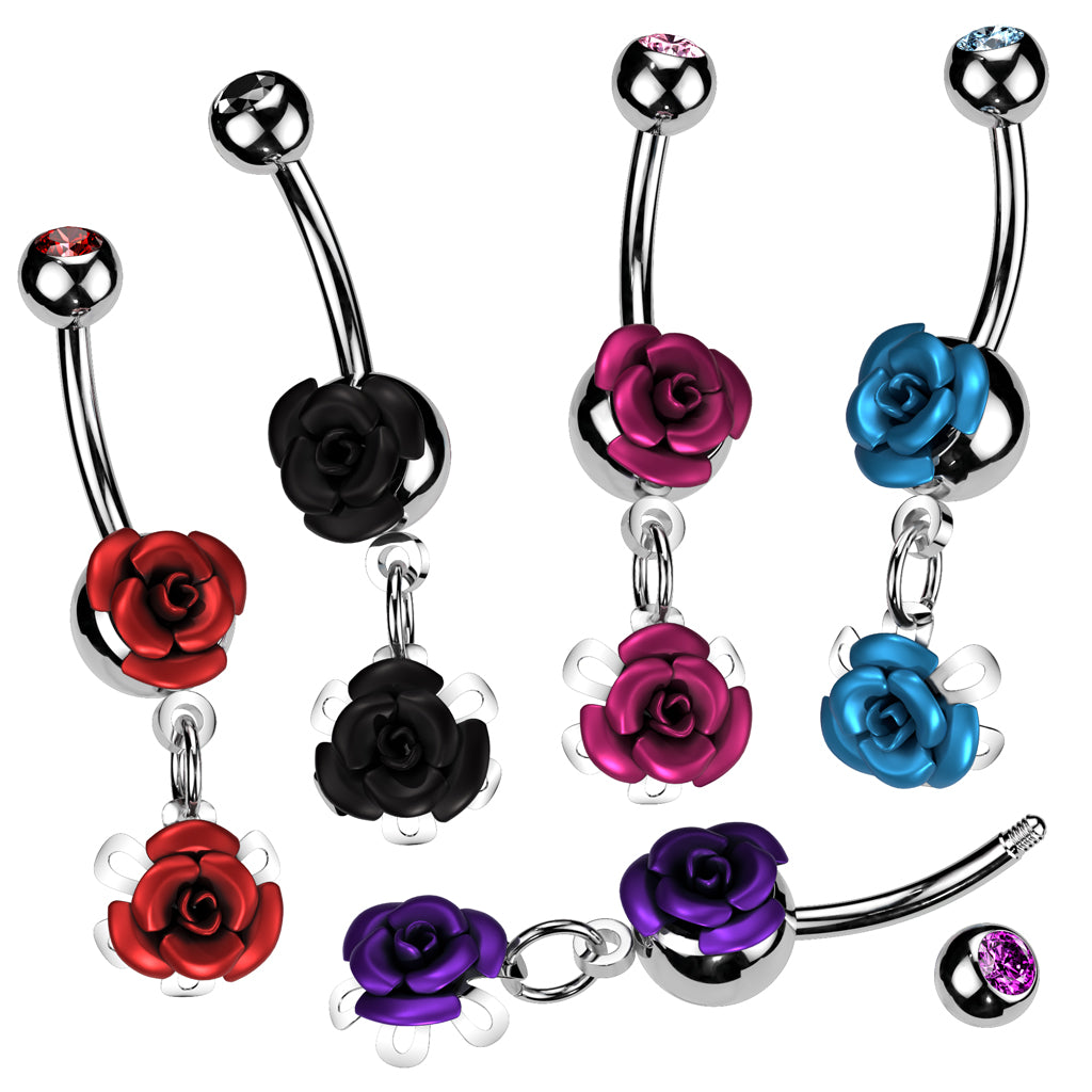 316L Surgical Steel Double Metal Rose Gem Ball Belly Button Ring - all colors