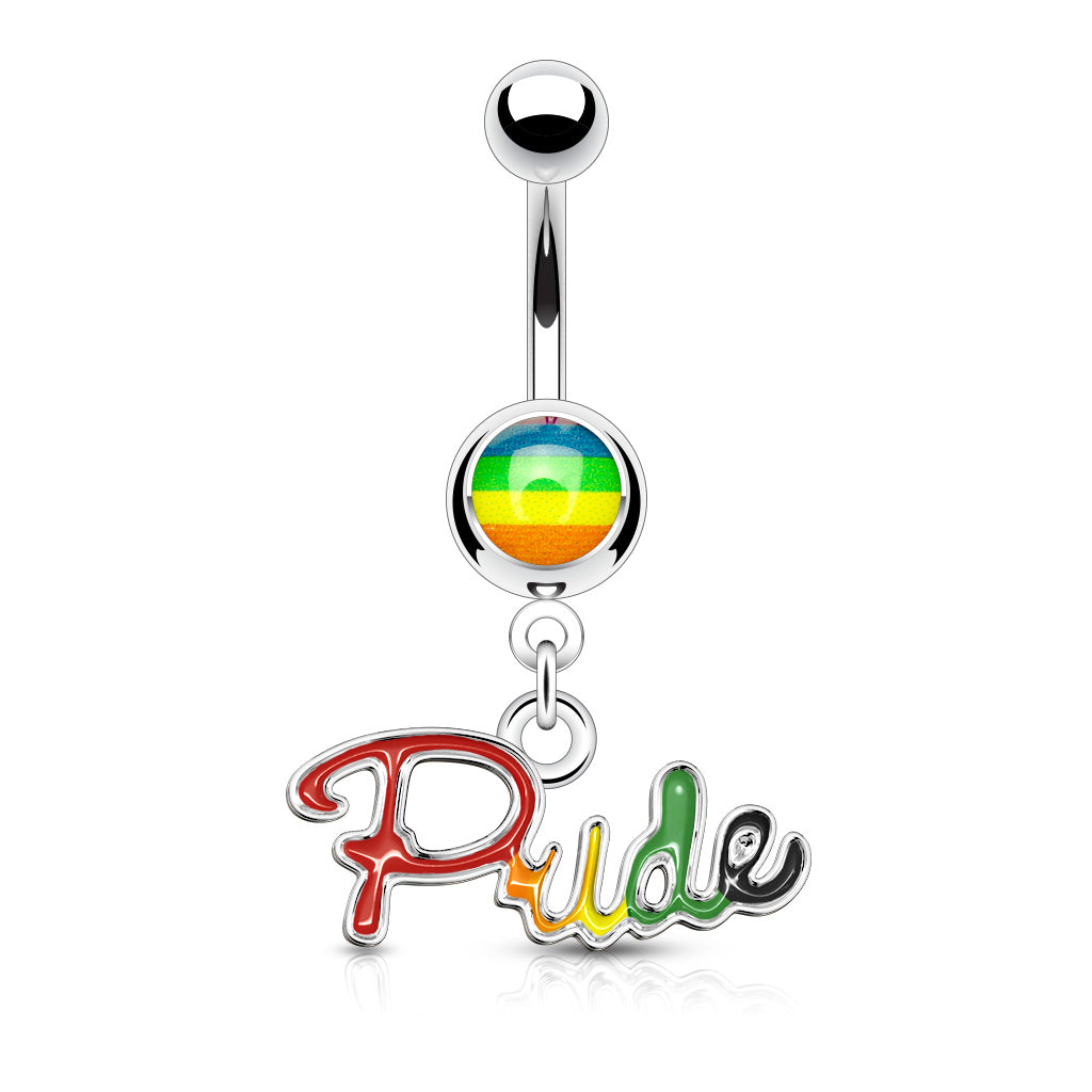 316L Surgical Steel Gay Pride Epoxy With 'PRIDE' Dangle Belly Button Ring - all colors