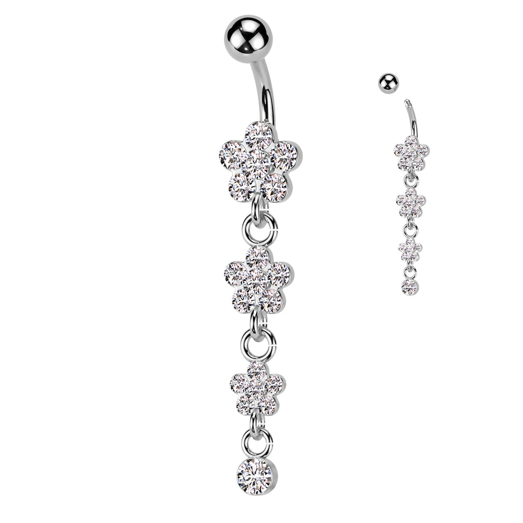 316L Surgical Steel Flower Petal Gem Paved Dangle Belly Button Ring - Clear