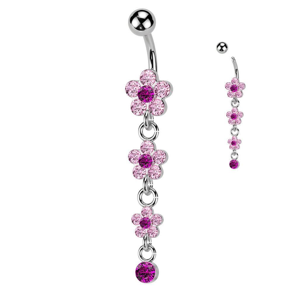 316L Surgical Steel Flower Petal Gem Paved Dangle Belly Button Ring - Pink/Fuchsia