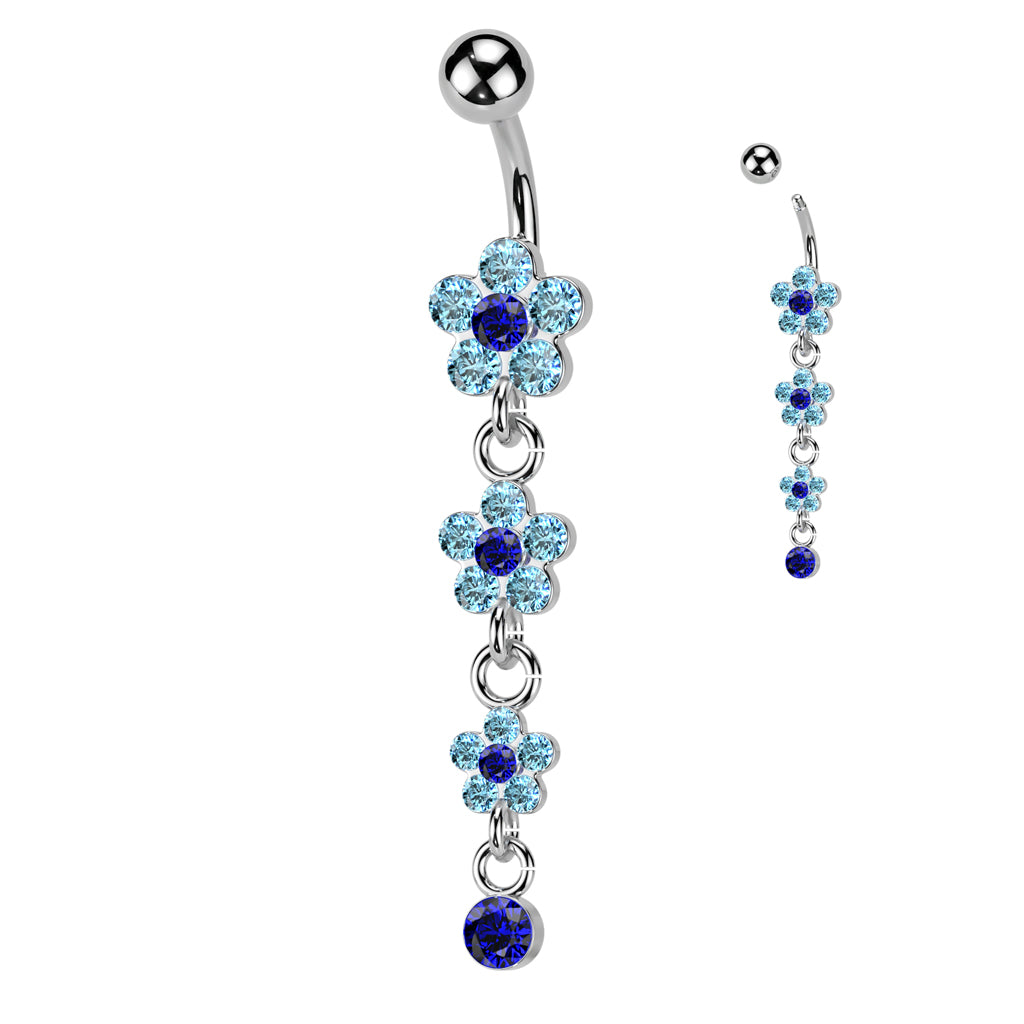 316L Surgical Steel Flower Petal Gem Paved Dangle Belly Button Ring - Aqua/Blue