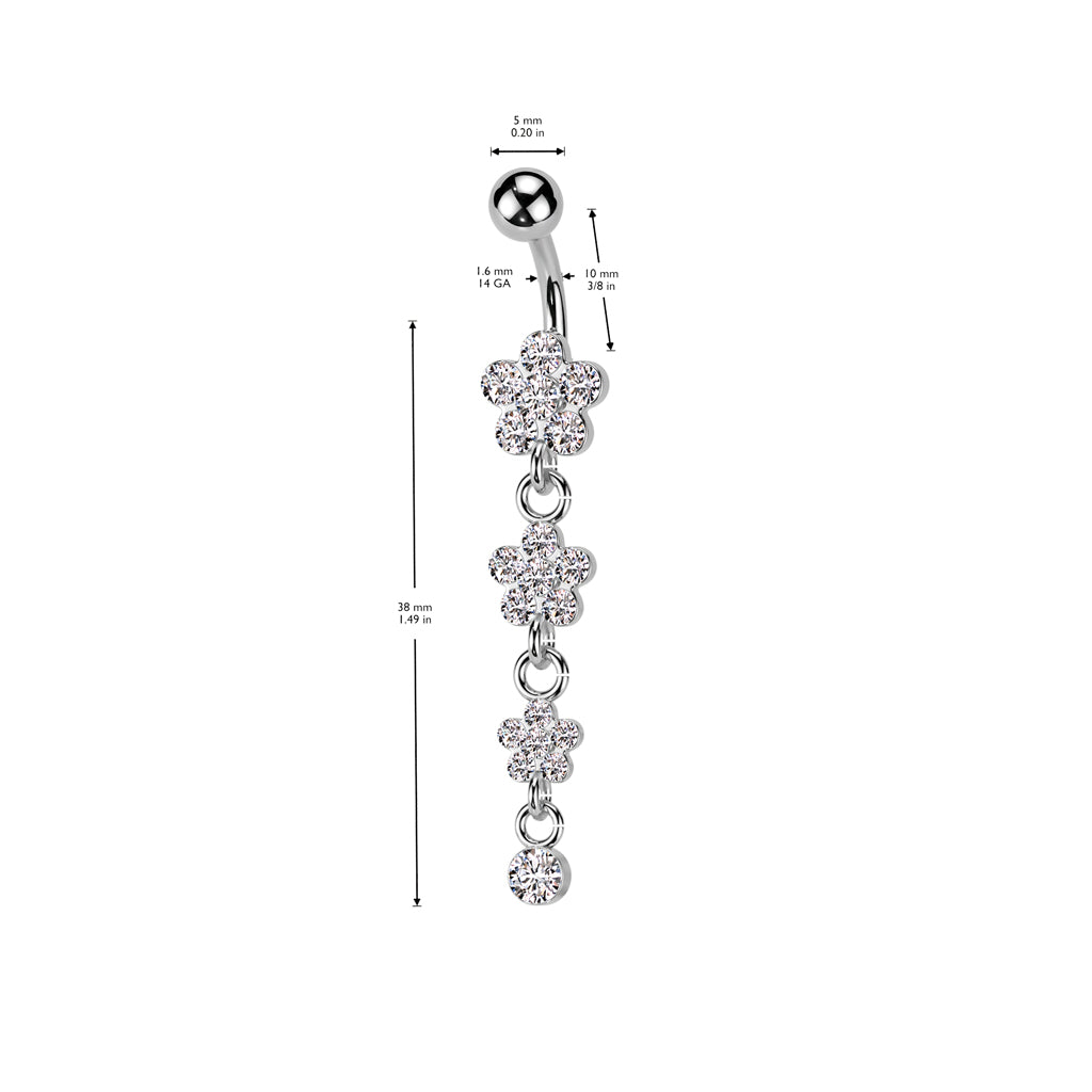 316L Surgical Steel Flower Petal Gem Paved Dangle Belly Button Ring size chart