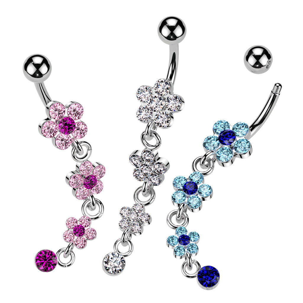 316L Surgical Steel Flower Petal Gem Paved Dangle Belly Button Ring - all colors