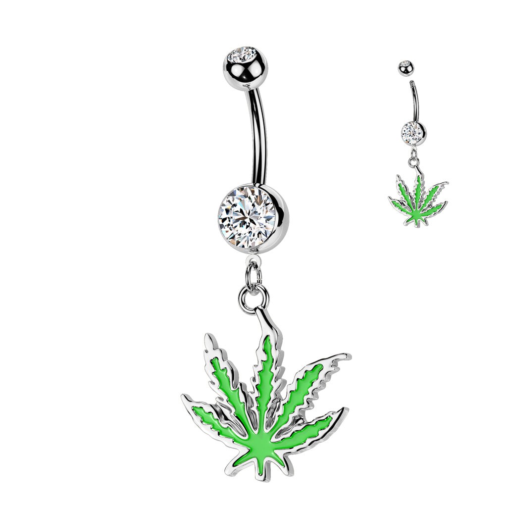 316L Surgical Steel Pot Leaf Dangle Belly Button Ring - Clear