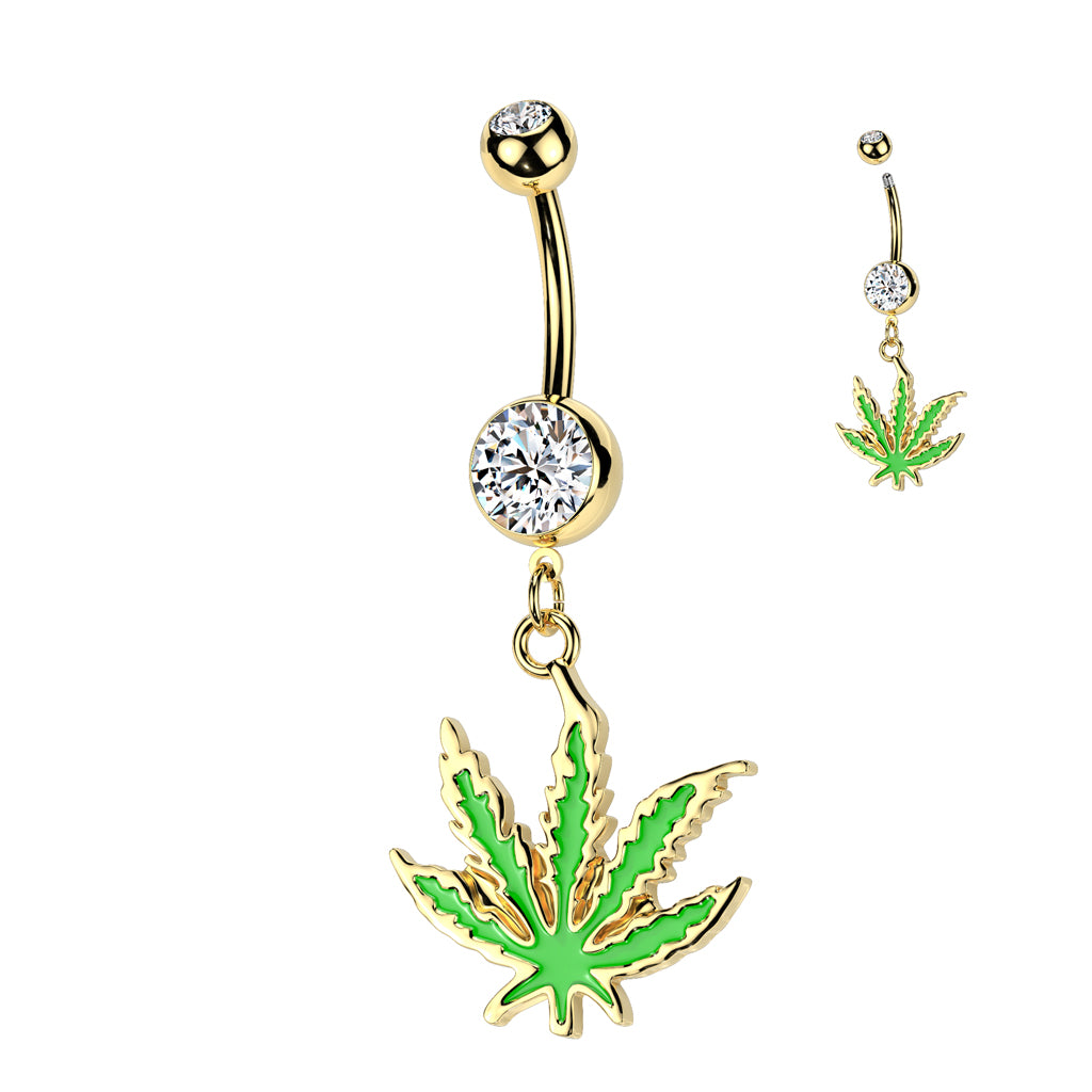 316L Surgical Steel Pot Leaf Dangle Belly Button Ring - Gold/Clear